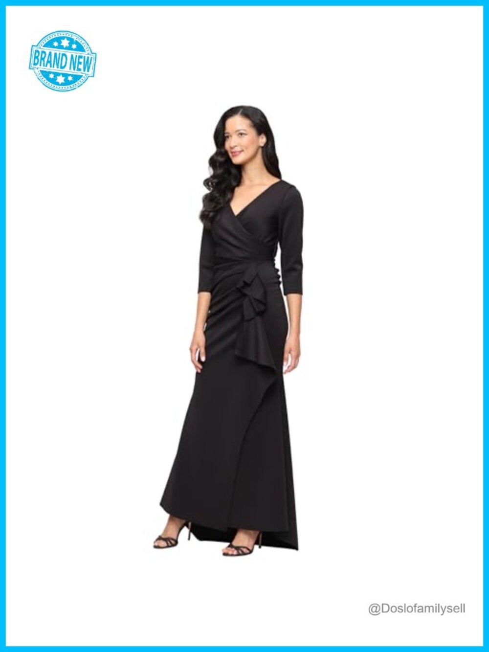 Alex Evenings Scuba Crepe Formal Gown Surplice Neck 3/4 Sleeve Cascade Ruffle